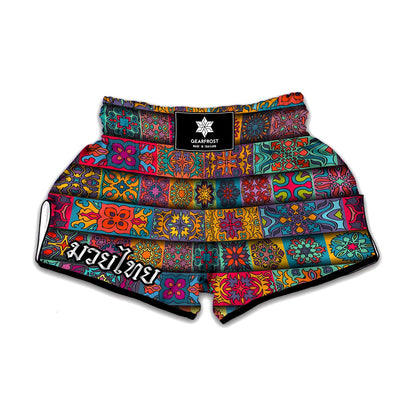 Rectangle Mandala Bohemian Pattern Print Muay Thai Boxing Shorts