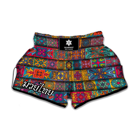Rectangle Mandala Bohemian Pattern Print Muay Thai Boxing Shorts