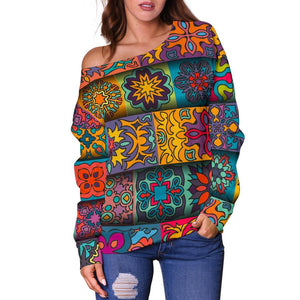 Rectangle Mandala Bohemian Pattern Print Off Shoulder Sweatshirt GearFrost