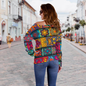 Rectangle Mandala Bohemian Pattern Print Off Shoulder Sweatshirt GearFrost