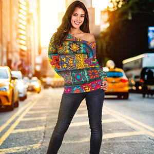 Rectangle Mandala Bohemian Pattern Print Off Shoulder Sweatshirt GearFrost