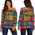 Rectangle Mandala Bohemian Pattern Print Off The Shoulder Sweatshirt