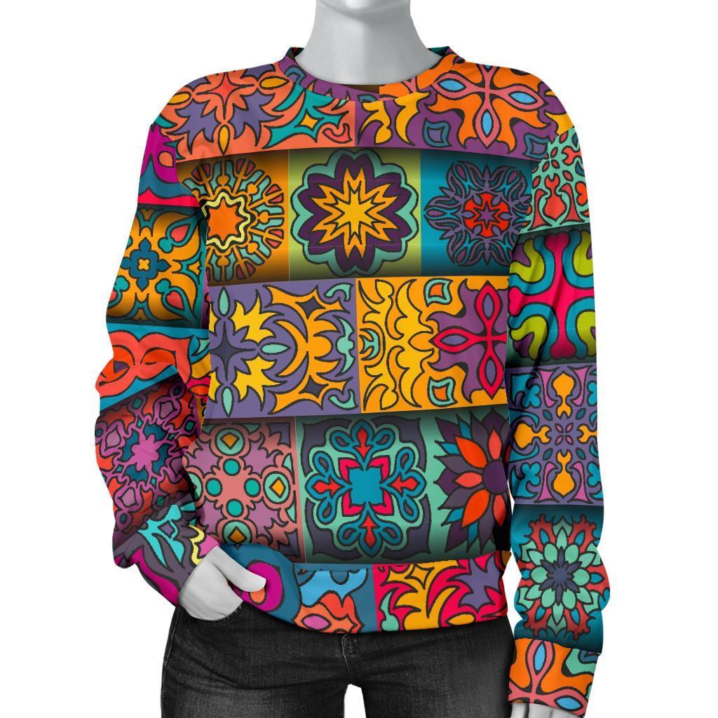 Rectangle Mandala Bohemian Pattern Print Women's Crewneck Sweatshirt GearFrost