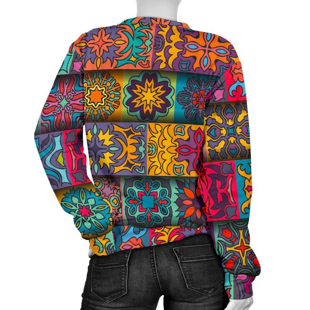 Rectangle Mandala Bohemian Pattern Print Women's Crewneck Sweatshirt GearFrost