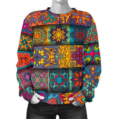 Rectangle Mandala Bohemian Pattern Print Women's Crewneck Sweatshirt GearFrost