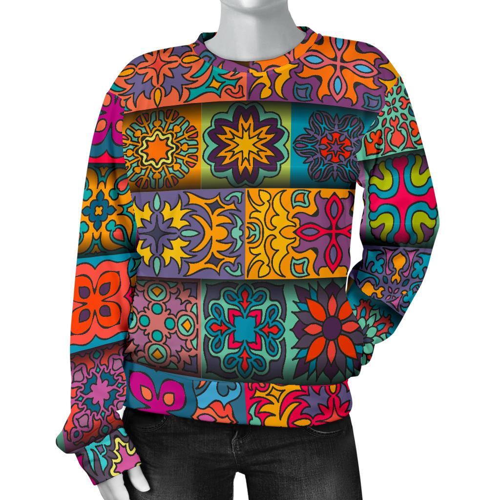 Rectangle Mandala Bohemian Pattern Print Women's Crewneck Sweatshirt GearFrost