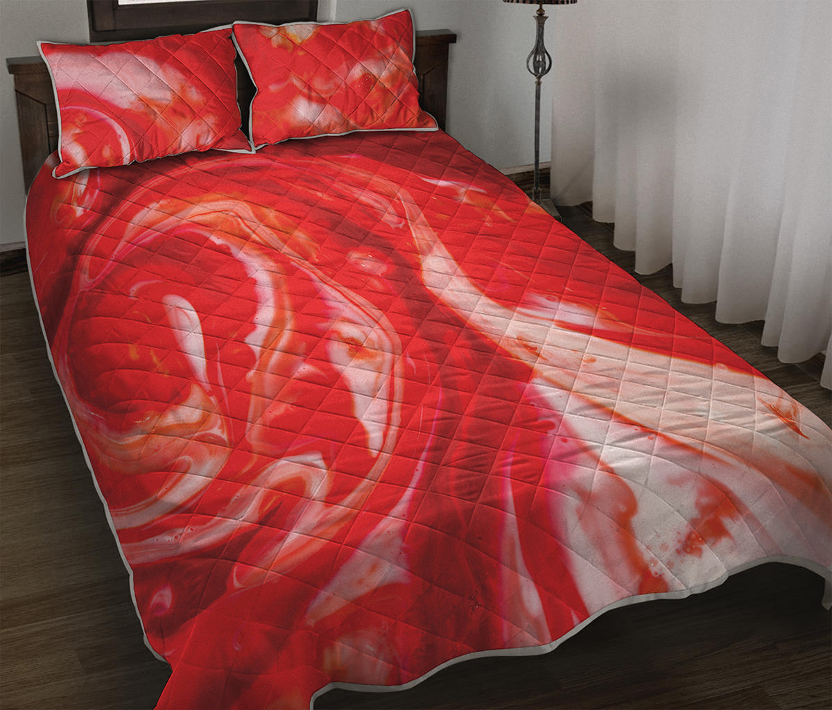 Red Acid Melt Print Quilt Bed Set