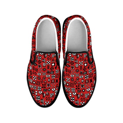 Red Adinkra Tribe Symbols Print Black Slip On Shoes