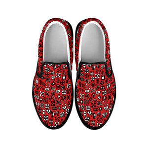 Red Adinkra Tribe Symbols Print Black Slip On Shoes