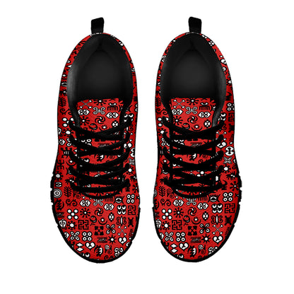 Red Adinkra Tribe Symbols Print Black Sneakers