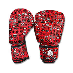 Red Adinkra Tribe Symbols Print Boxing Gloves