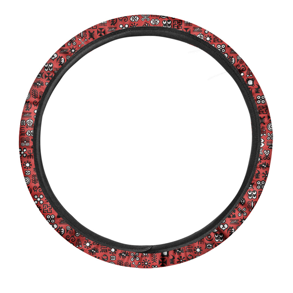 Red Adinkra Tribe Symbols Print Car Steering Wheel Cover