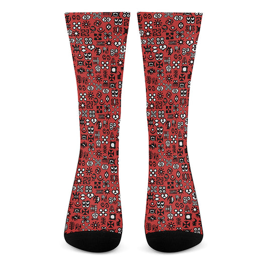 Red Adinkra Tribe Symbols Print Crew Socks