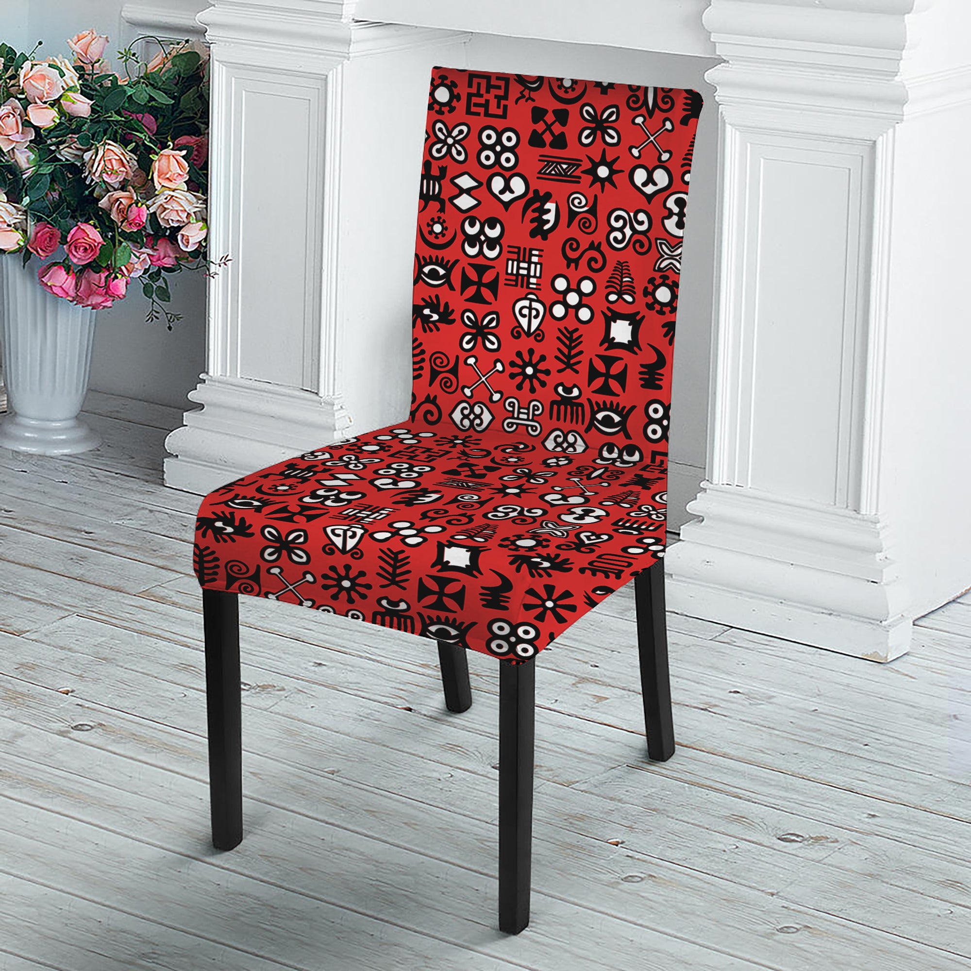 Red Adinkra Tribe Symbols Print Dining Chair Slipcover