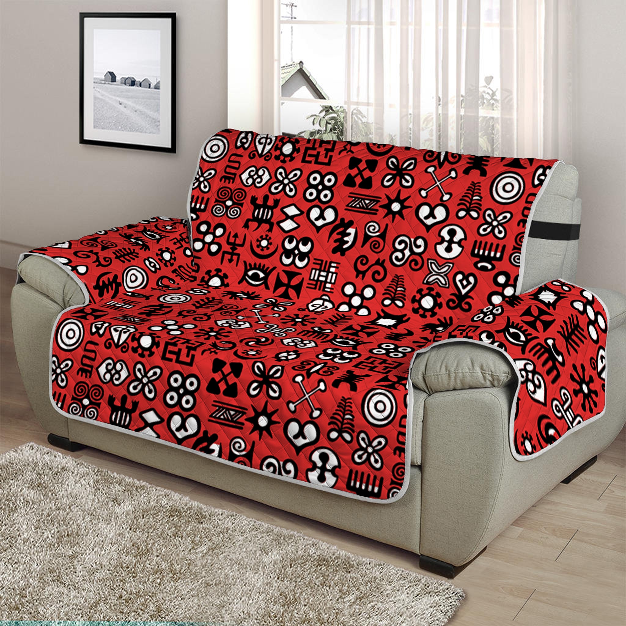 Red Adinkra Tribe Symbols Print Half Sofa Protector