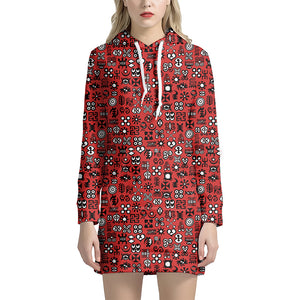 Red Adinkra Tribe Symbols Print Hoodie Dress