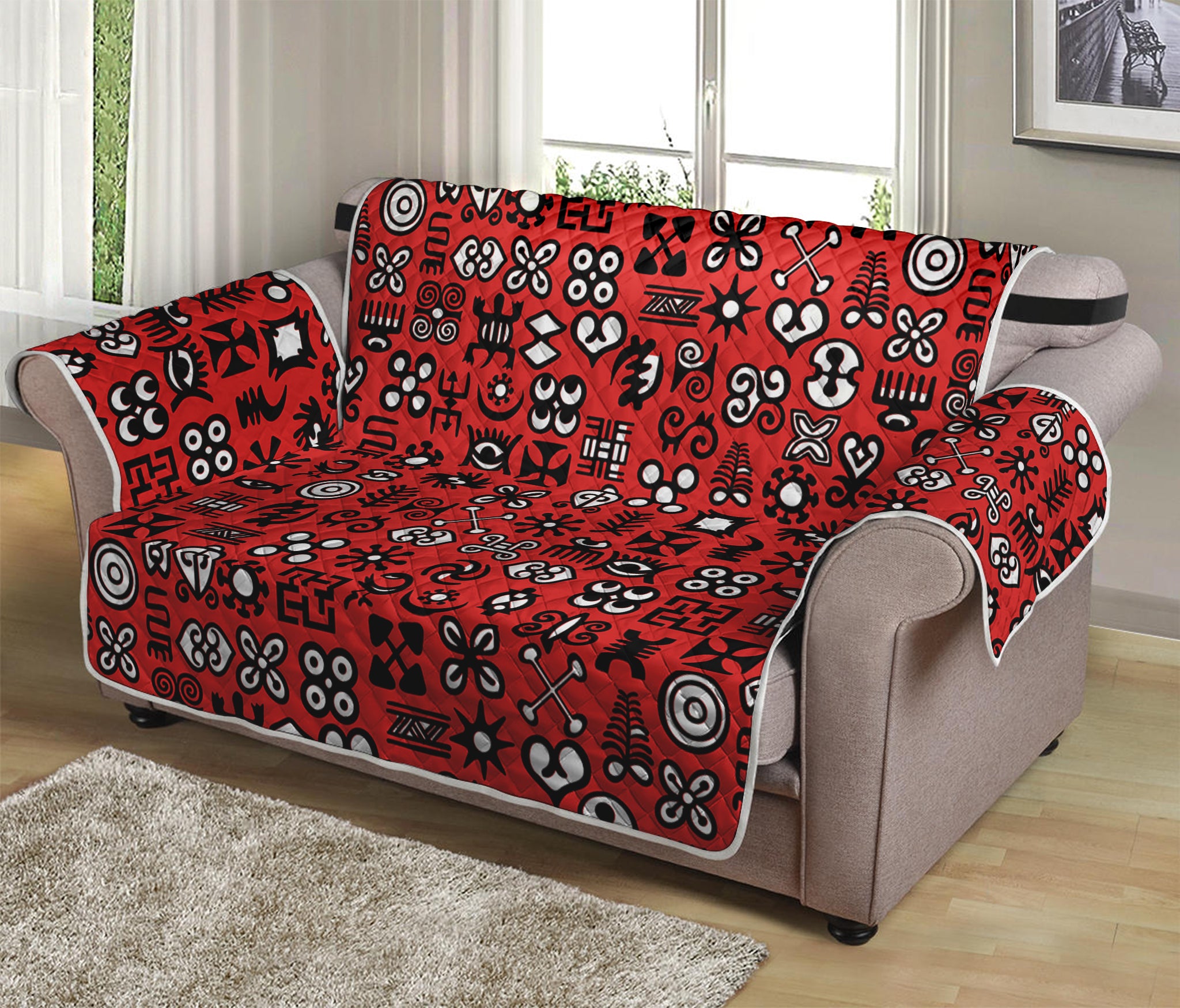 Red Adinkra Tribe Symbols Print Loveseat Protector