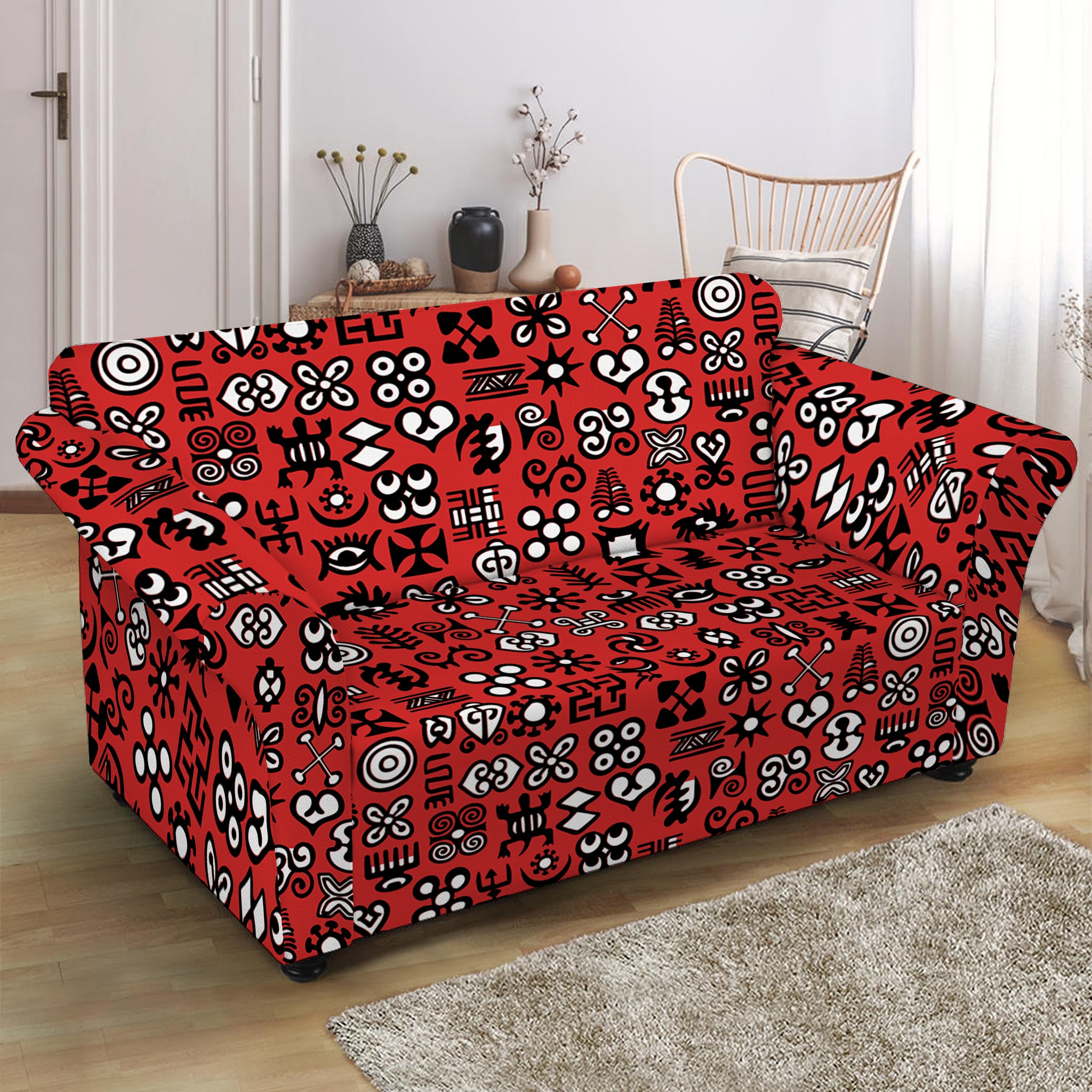 Red Adinkra Tribe Symbols Print Loveseat Slipcover