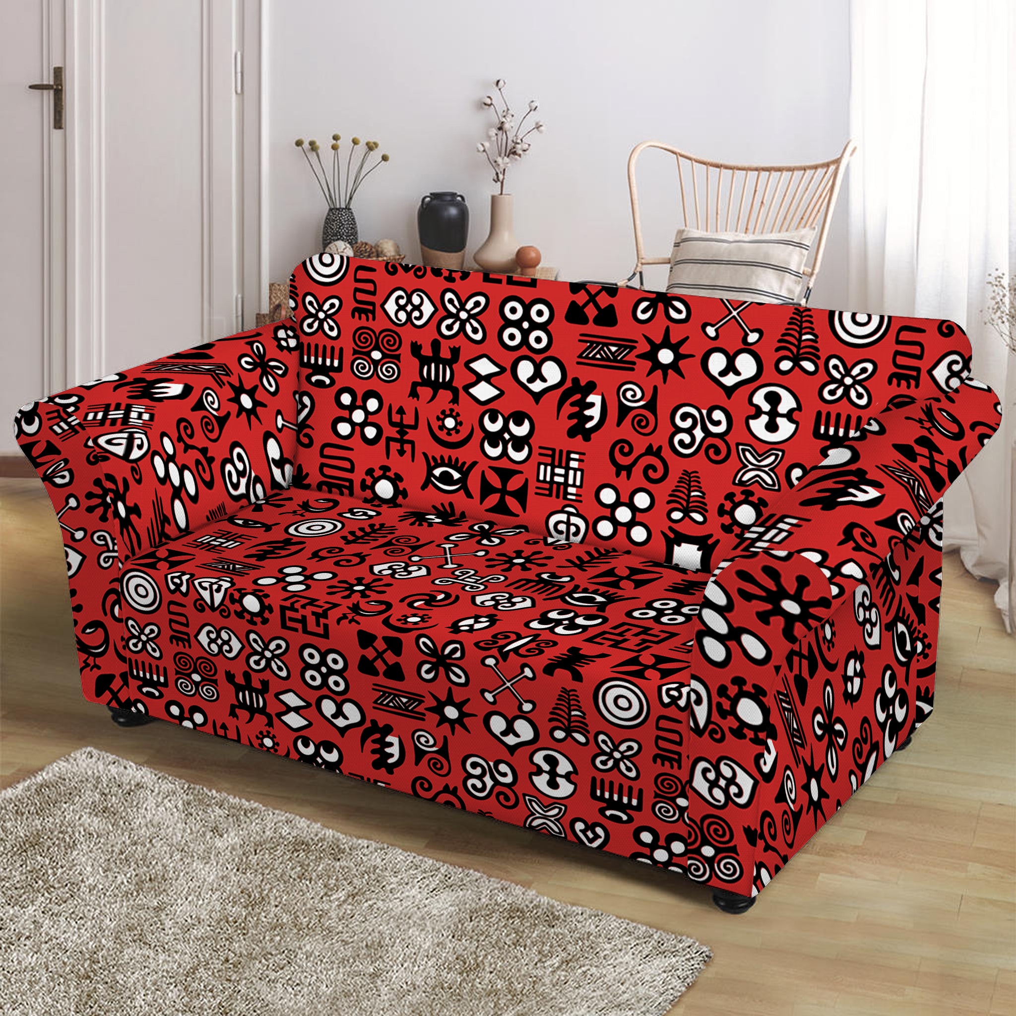 Red Adinkra Tribe Symbols Print Loveseat Slipcover