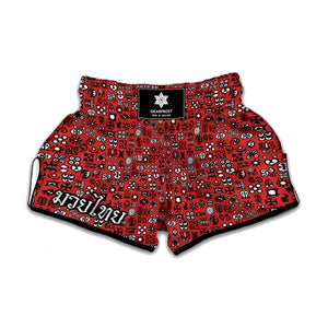 Red Adinkra Tribe Symbols Print Muay Thai Boxing Shorts