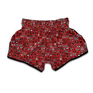 Red Adinkra Tribe Symbols Print Muay Thai Boxing Shorts