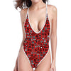 Red Adinkra Tribe Symbols Print One Piece High Cut Swimsuit