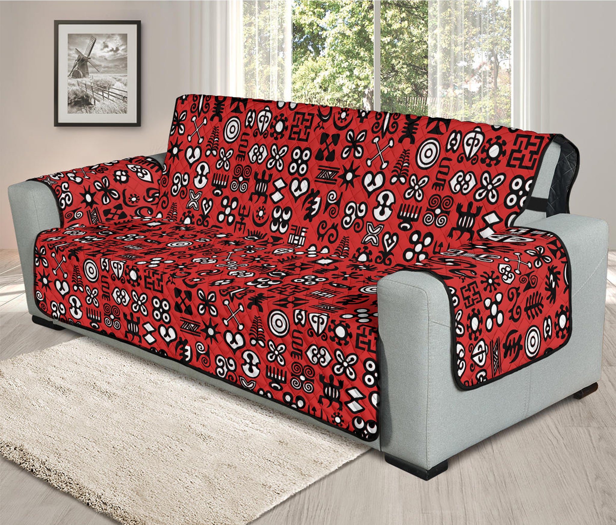 Red Adinkra Tribe Symbols Print Oversized Sofa Protector