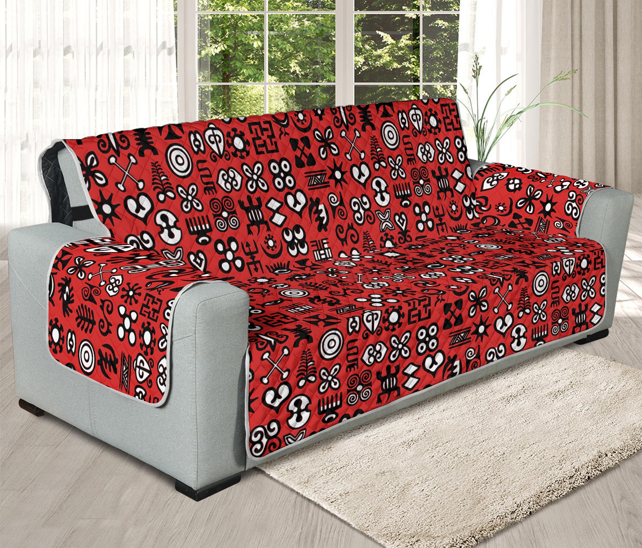 Red Adinkra Tribe Symbols Print Oversized Sofa Protector