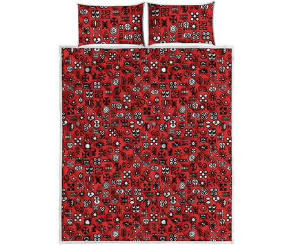 Red Adinkra Tribe Symbols Print Quilt Bed Set