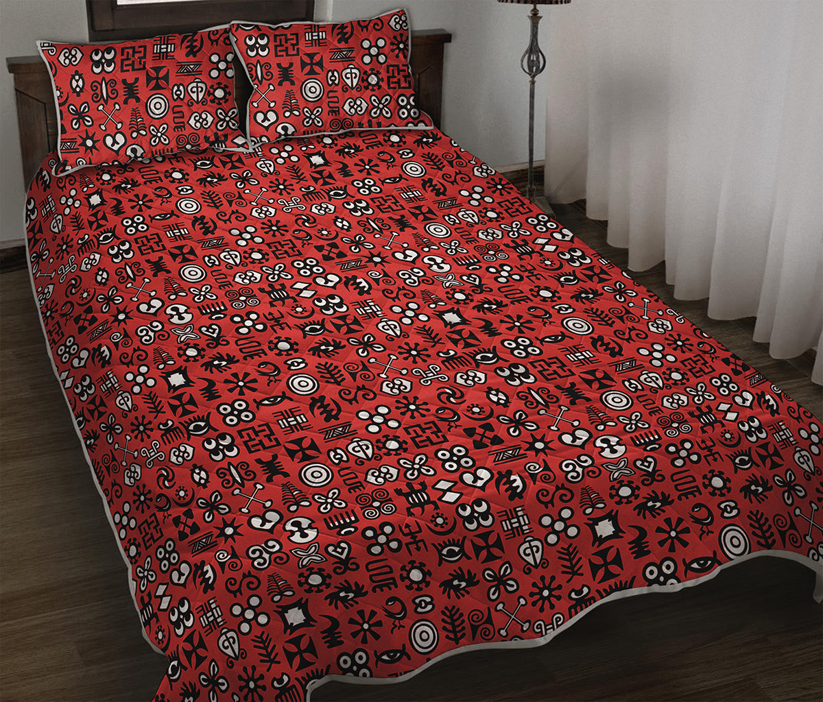 Red Adinkra Tribe Symbols Print Quilt Bed Set