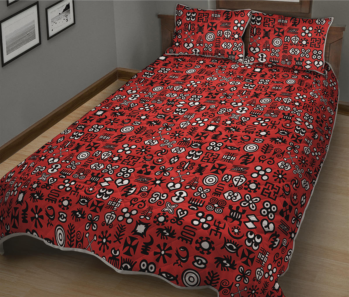 Red Adinkra Tribe Symbols Print Quilt Bed Set