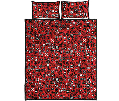 Red Adinkra Tribe Symbols Print Quilt Bed Set