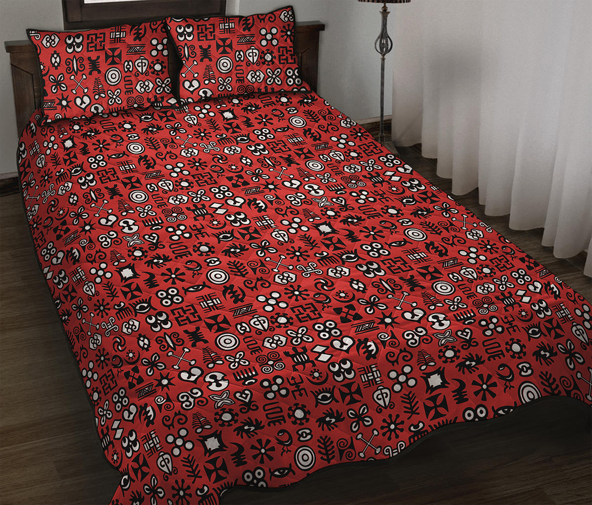 Red Adinkra Tribe Symbols Print Quilt Bed Set