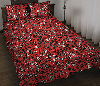 Red Adinkra Tribe Symbols Print Quilt Bed Set