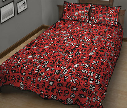 Red Adinkra Tribe Symbols Print Quilt Bed Set