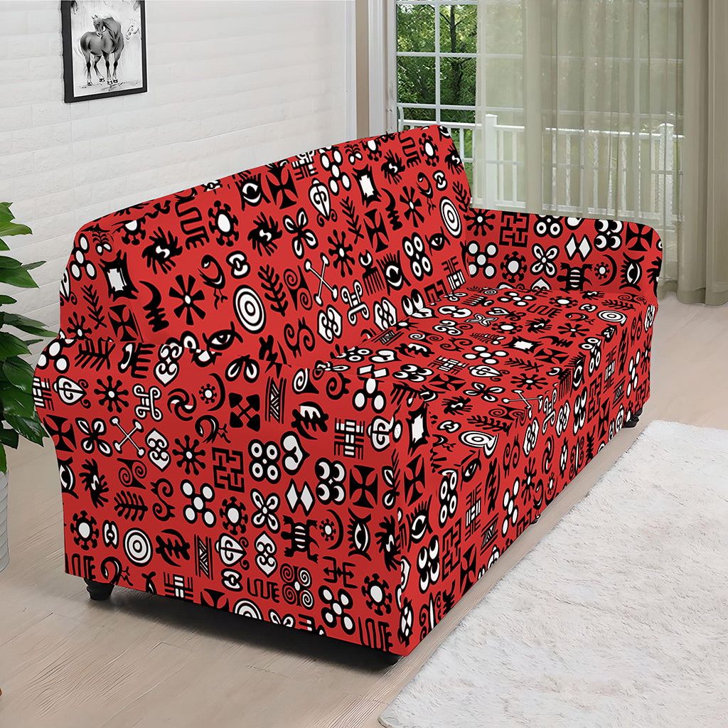Red Adinkra Tribe Symbols Print Sofa Cover
