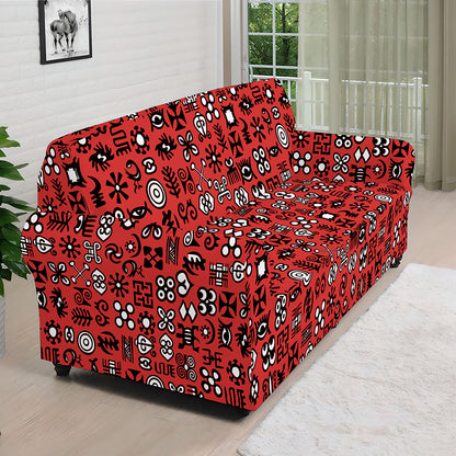 Red Adinkra Tribe Symbols Print Sofa Cover