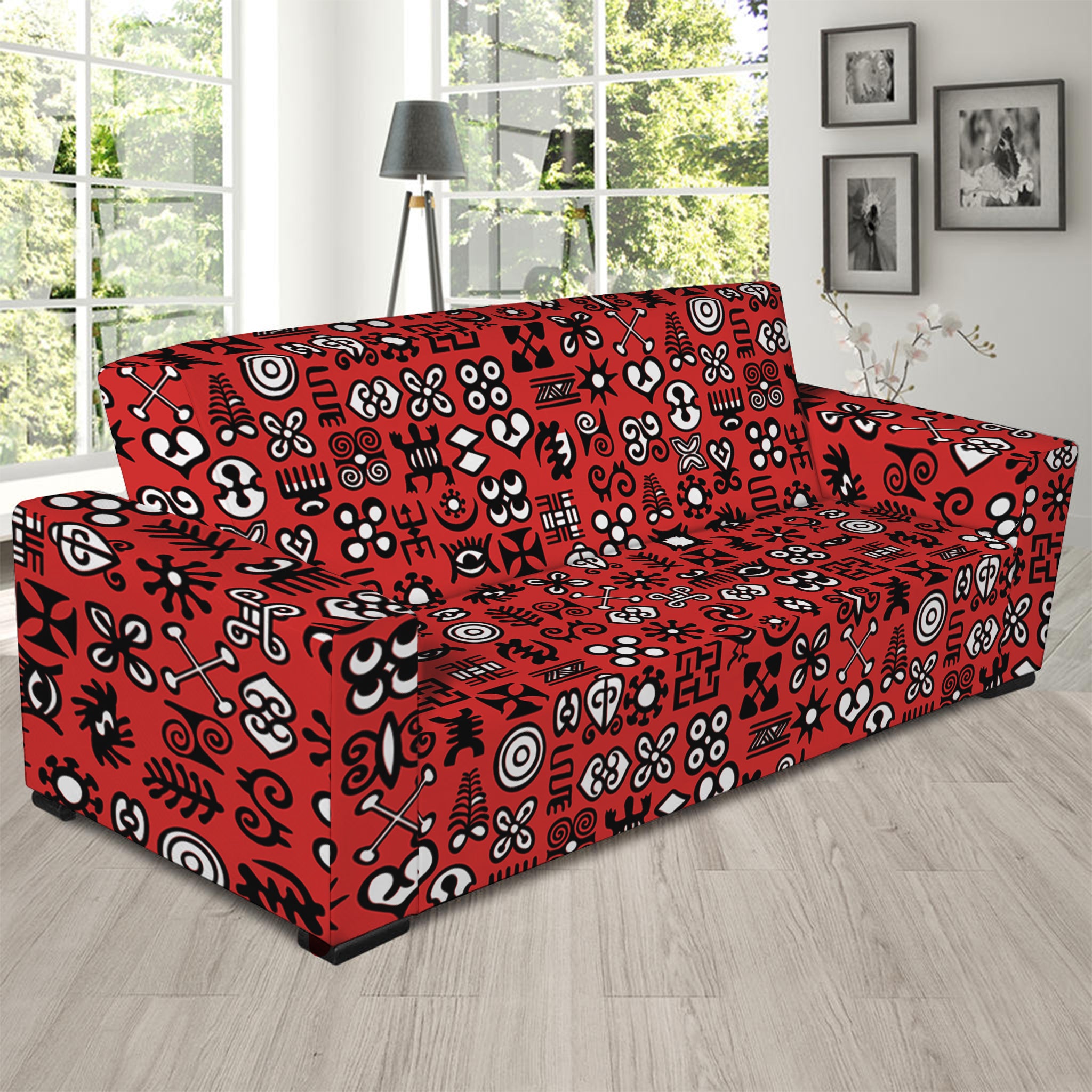 Red Adinkra Tribe Symbols Print Sofa Slipcover