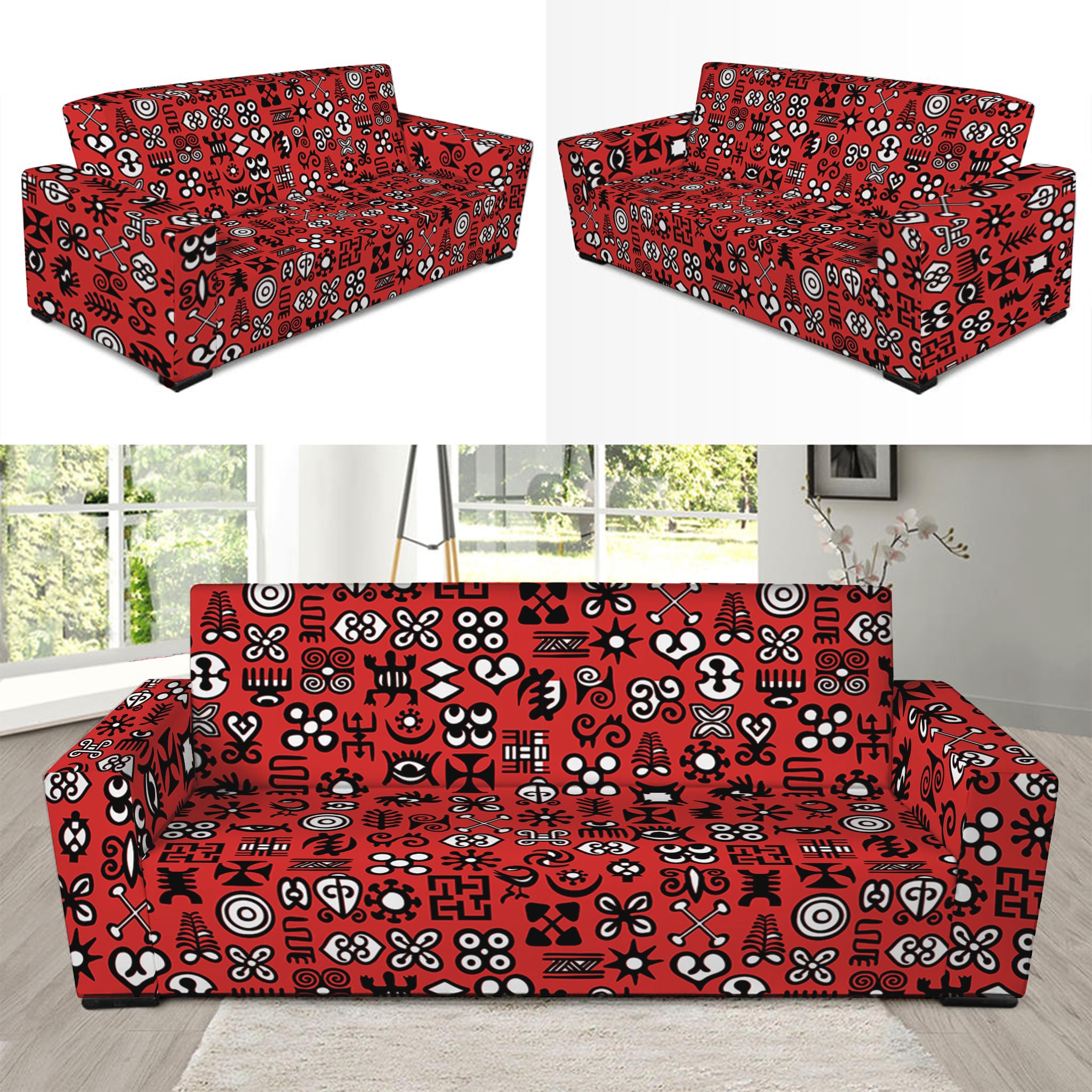 Red Adinkra Tribe Symbols Print Sofa Slipcover