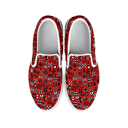 Red Adinkra Tribe Symbols Print White Slip On Shoes