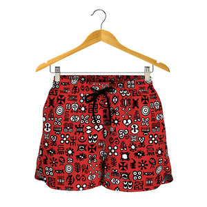 Red Adinkra Tribe Symbols Print Women's Shorts