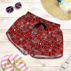 Red Adinkra Tribe Symbols Print Women's Shorts