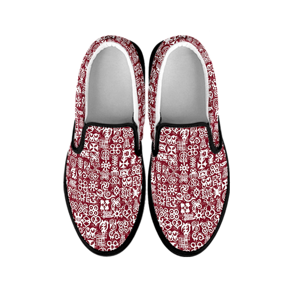 Red African Adinkra Tribe Symbols Black Slip On Shoes