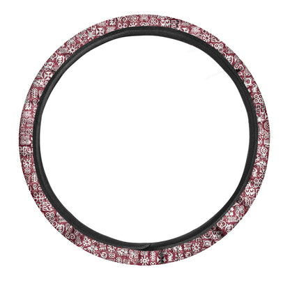 Red African Adinkra Tribe Symbols Car Steering Wheel Cover
