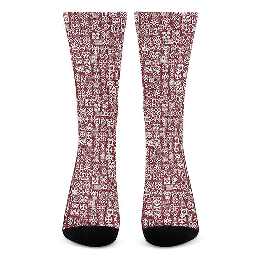 Red African Adinkra Tribe Symbols Crew Socks