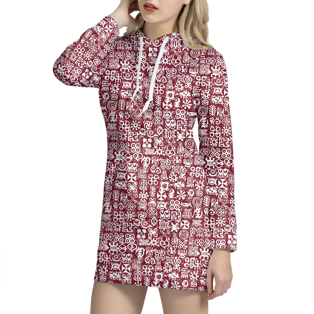 Red African Adinkra Tribe Symbols Hoodie Dress