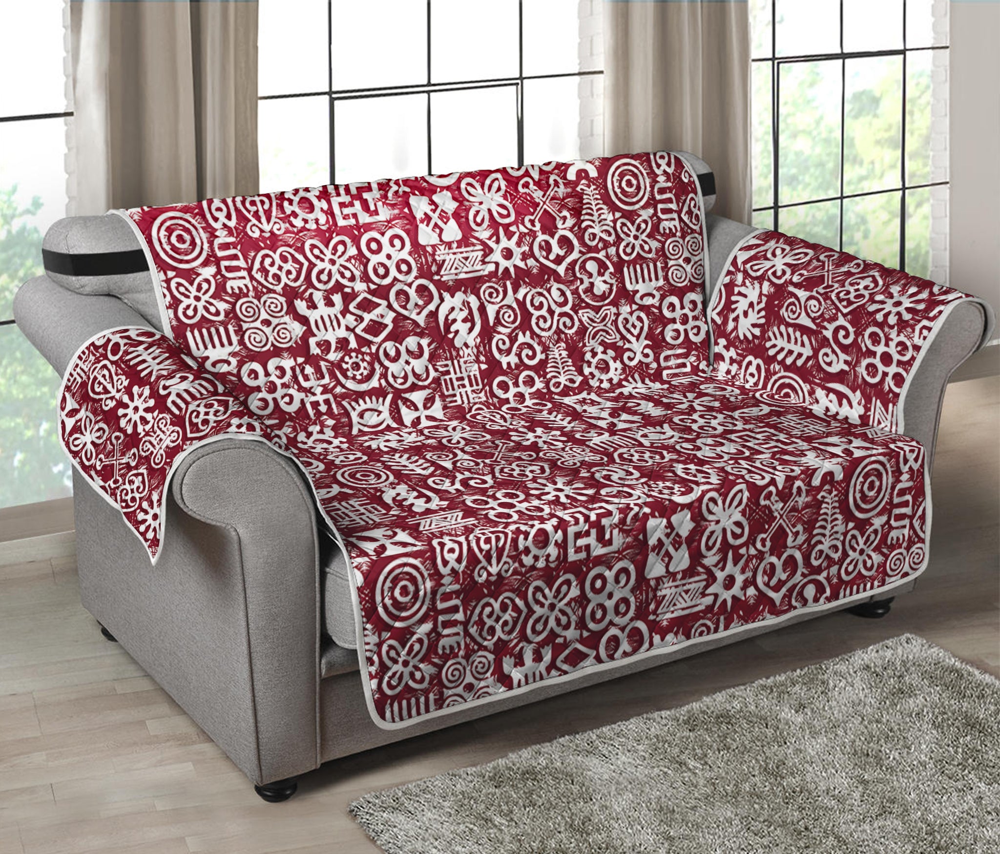 Red African Adinkra Tribe Symbols Loveseat Protector