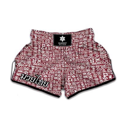 Red African Adinkra Tribe Symbols Muay Thai Boxing Shorts