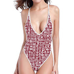 Red African Adinkra Tribe Symbols One Piece High Cut Swimsuit