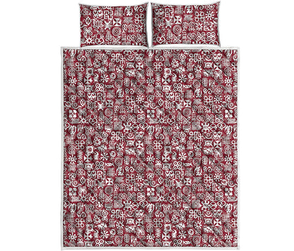 Red African Adinkra Tribe Symbols Quilt Bed Set